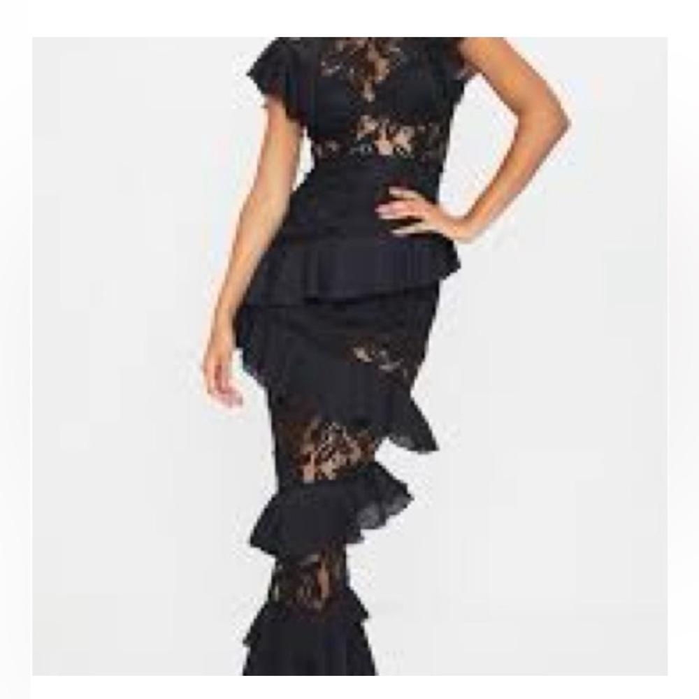 PrettyLittleThing Black Lace Maxi Dress with Ruffles - Picture 4 of 5